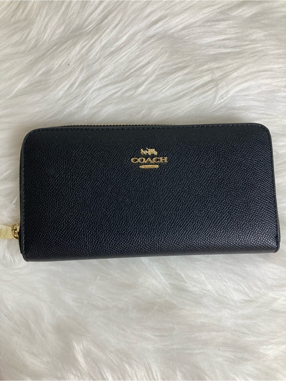 Coach Black Saffiano Zip Wallet with Gold Logo